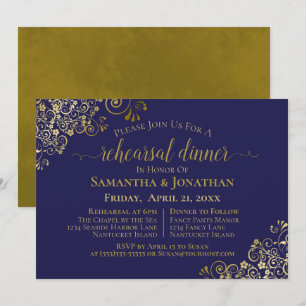 Gold Frills Navy Blue Wedding Rehearsal & Dinner Invitation
