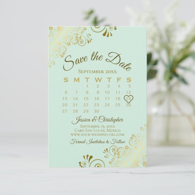 Gold Frills Neo Mint Green Chic Wedding Calendar Save The Date (Standing Front)