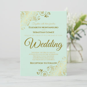 Gold Frills Neo Mint Green Chic Wedding Invitation