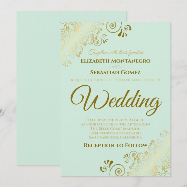 Gold Frills Neo Mint Green Chic Wedding Invitation (Front/Back)
