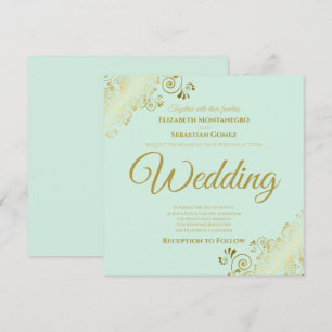Gold Frills Neo Mint Green Elegant Square Wedding Invitation