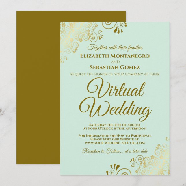 Gold Frills Neo Mint Green Elegant Virtual Wedding Invitation (Front/Back)