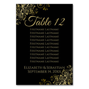 Gold Frills on Black Elegant Wedding Seating Chart Table Number
