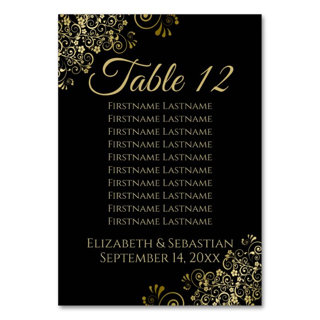 Gold Frills on Black Elegant Wedding Seating Chart Table Number (Back)