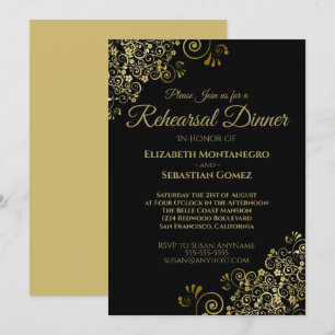Gold Frills on Black Wedding Rehearsal Dinner Invitation