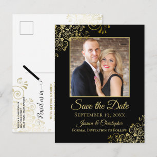 Gold Frills on Black Wedding Save the Date Photo Announcement Postcard