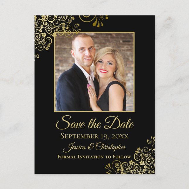 Gold Frills on Black Wedding Save the Date Photo Announcement Postcard (Front)