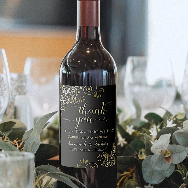 Gold Frills on Black Wedding Thank You Wine Label (Creator Uploaded)