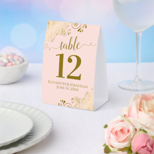 Gold Frills on Blush Pink Wedding Table Number