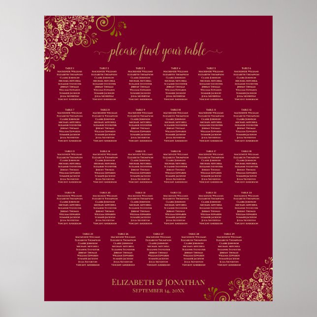 Gold Frills on Burgundy 29 Table Seating Chart (Front)