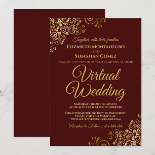 Gold Frills on Burgundy Elegant Virtual Wedding Invitation