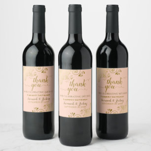 Gold Frills on Coral Peach Wedding Thank You Chic Wine Label