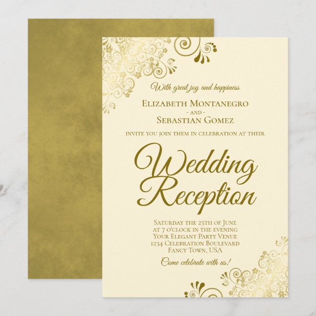 Gold Frills on Cream Elegant Wedding Reception Invitation (Front/Back)