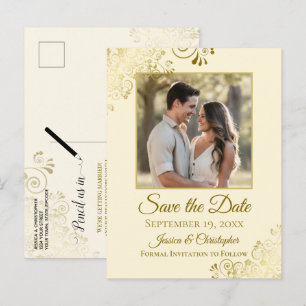 Gold Frills on Cream Wedding Save the Date Photo Announcement Postcard