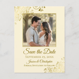 Gold Frills on Cream Wedding Save the Date Photo Announcement Postcard