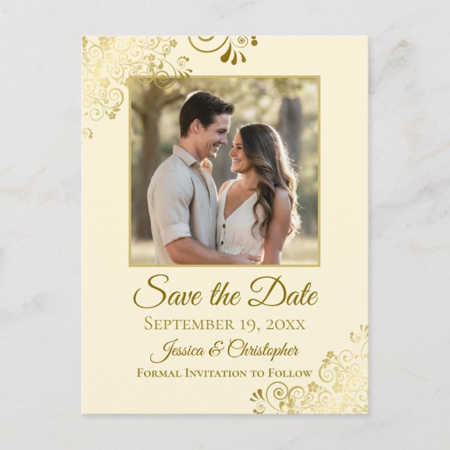 Gold Frills on Cream Wedding Save the Date Photo Announcement Postcard (Front)