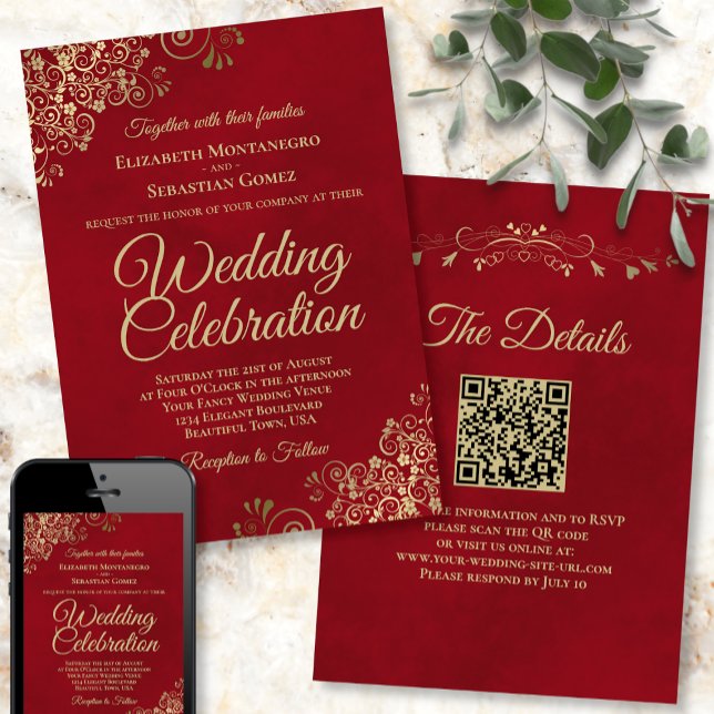 Gold Frills on Crimson Red Elegant QR Code Wedding Invitation (Creator Uploaded)