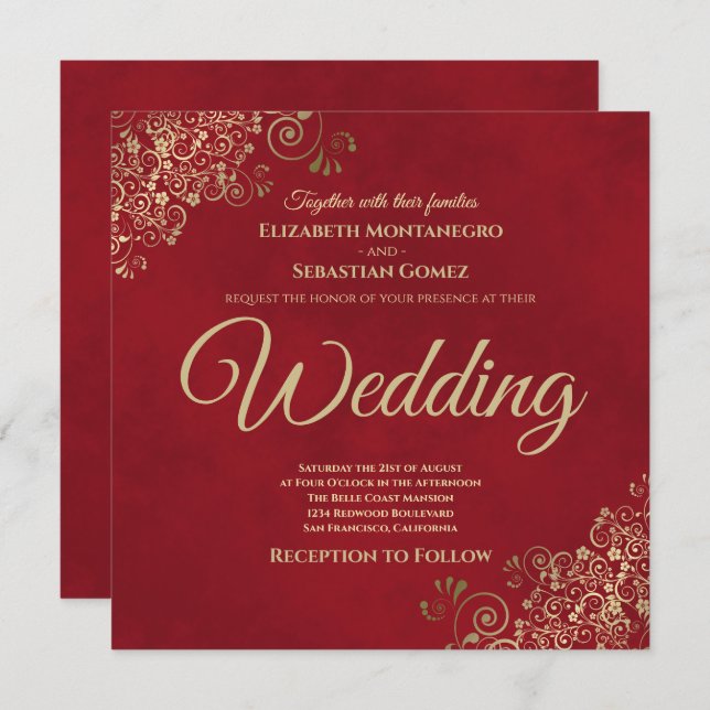 Gold Frills on Crimson Red Elegant Square Wedding Invitation (Front/Back)