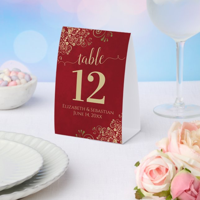 Gold Frills on Crimson Red Wedding Table Number (Insitu(Wedding))