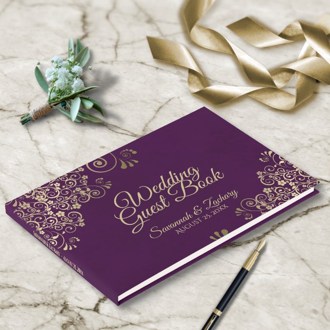 Gold Frills on Deep Plum Purple Elegant Wedding Guest Book (Creator Uploaded)