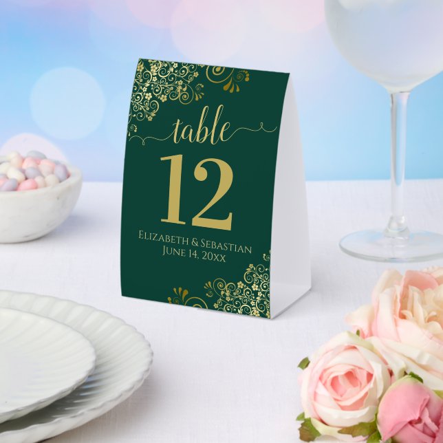 Gold Frills on Emerald Green Wedding Table Number (Insitu(Wedding))
