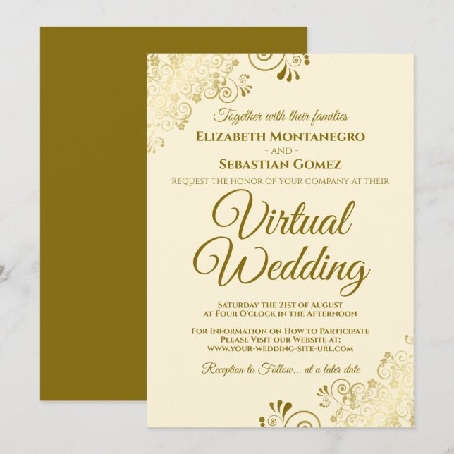 Gold Frills on Ivory Cream Elegant Virtual Wedding Invitation (Front/Back)