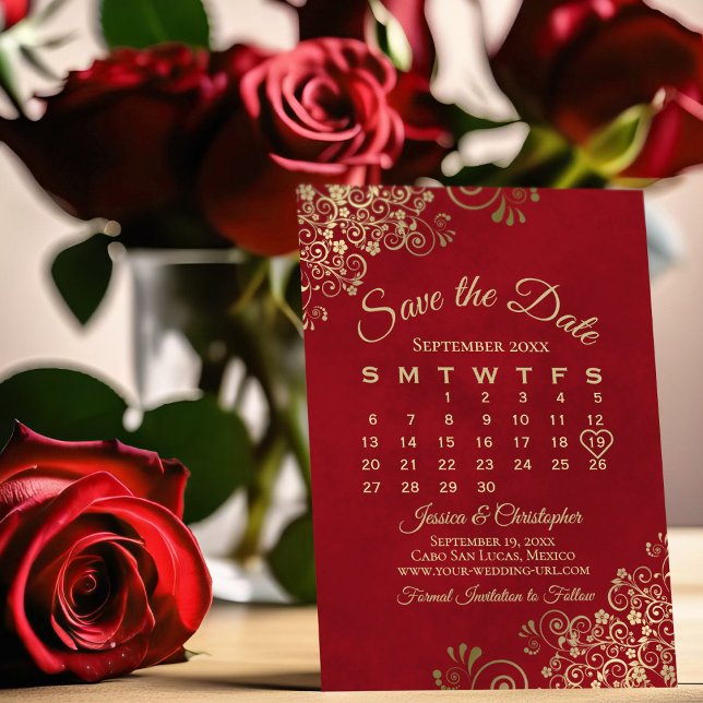 Gold Frills on Lush Red Elegant Wedding Calendar Save The Date (Creator Uploaded)