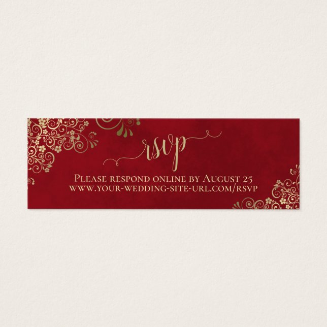 Gold Frills on Lush Red Wedding RSVP Online Card (Front)