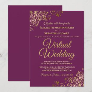 Gold Frills on Magenta Elegant Virtual Wedding Invitation