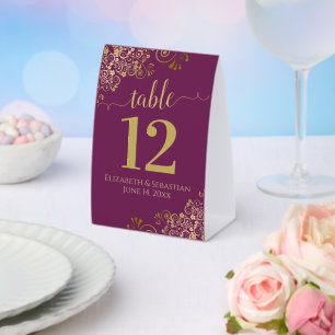 Gold Frills on Magenta Plum Wedding Table Number