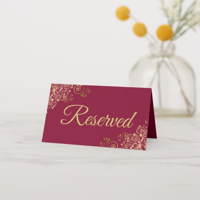 Gold Frills on Maroon Burgundy Wedding Reserved Place Card (Back)