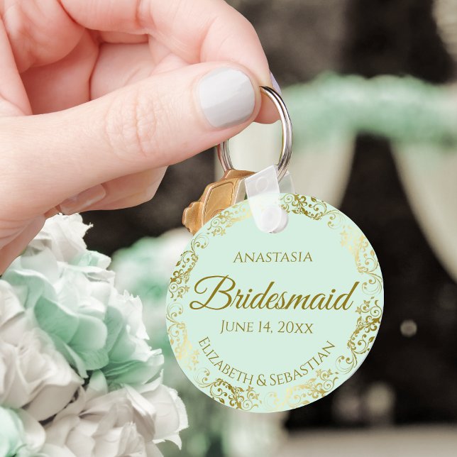Gold Frills on Mint Green Bridesmaid Wedding Gift Key Ring (Creator Uploaded)