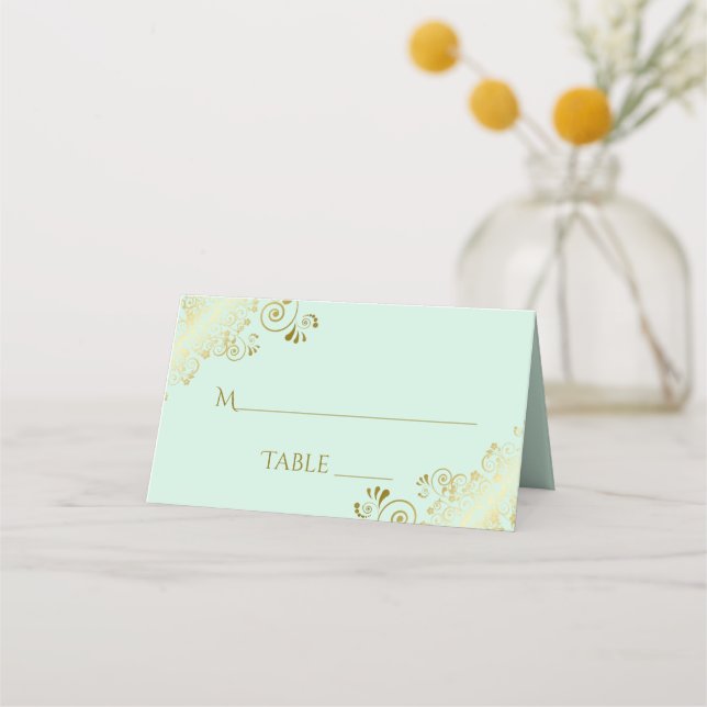 Gold Frills on Mint Green Elegant Wedding Write-In Place Card (Front)