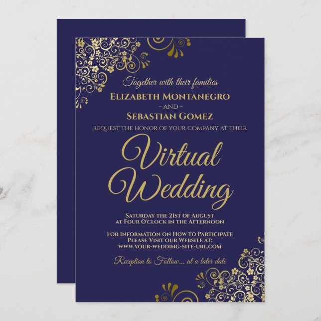 Gold Frills on Navy Blue Elegant Virtual Wedding Invitation (Front/Back)