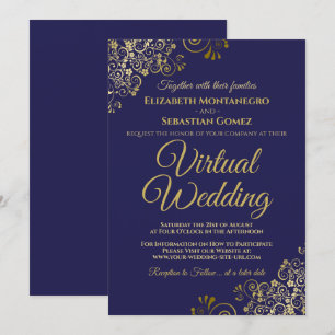 Gold Frills on Navy Blue Elegant Virtual Wedding Invitation