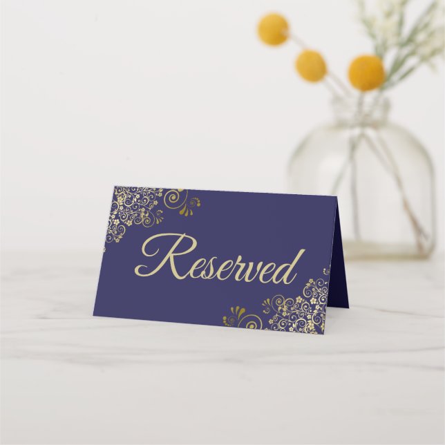Gold Frills on Navy Blue Elegant Wedding Reserved Place Card (Back)