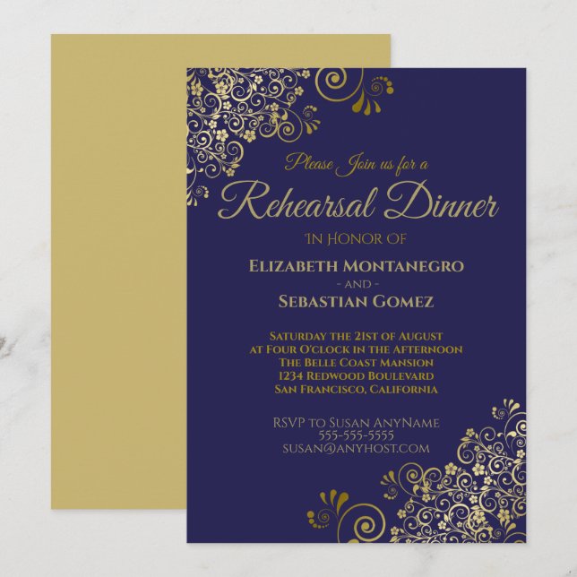 Gold Frills on Navy Wedding Rehearsal Dinner Invitation (Front/Back)