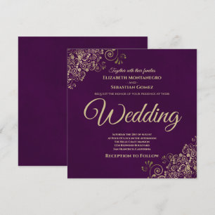 Gold Frills on Plum Purple Elegant Square Wedding Invitation