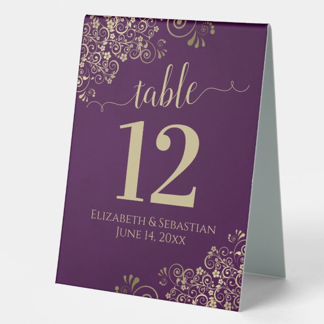 Gold Frills on Plum Purple Wedding Table Number (Front)