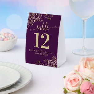 Gold Frills on Plum Purple Wedding Table Number