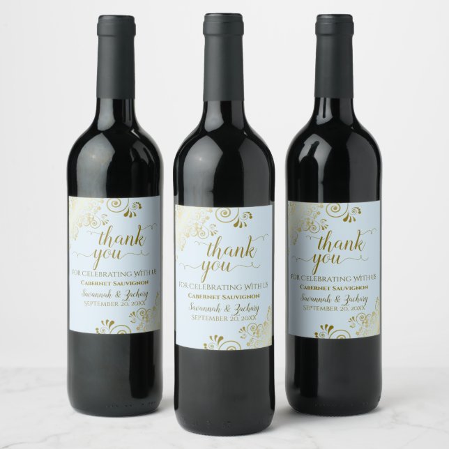 Gold Frills on Powder Blue Wedding Thank You Wine Label (Bottles)