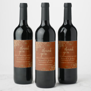 Gold Frills on Rust Orange Wedding Thank You Wine Label