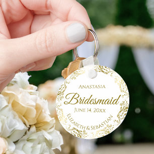 Gold Frills on White Bridesmaid Wedding Gift Key Ring