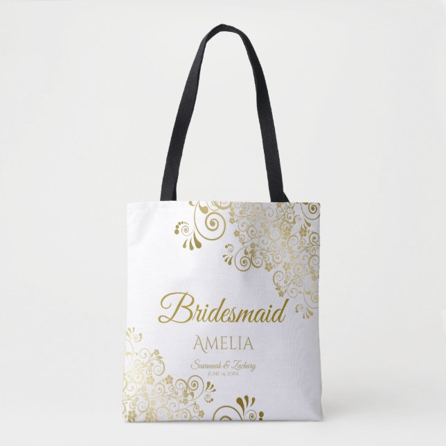 Gold Frills on White Elegant Bridesmaid Wedding Tote Bag (Front)