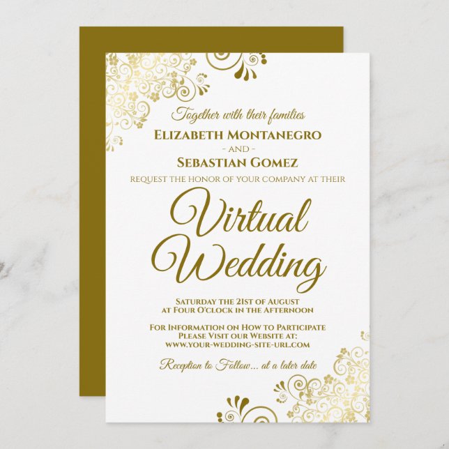 Gold Frills on White Elegant Virtual Wedding Invitation (Front/Back)