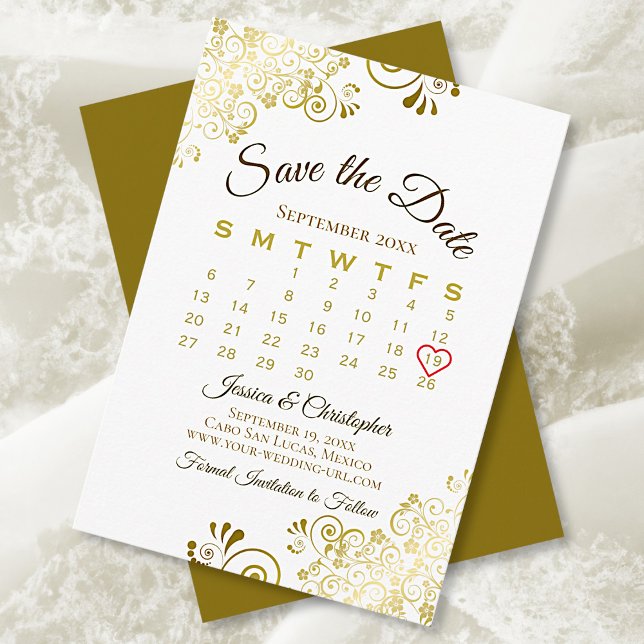 Gold Frills on White Elegant Wedding Calendar Save The Date (Creator Uploaded)