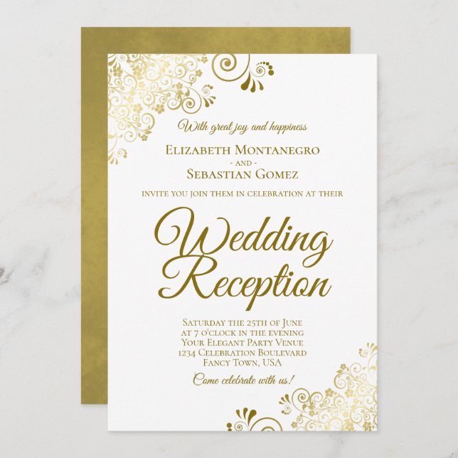 Gold Frills on White Elegant Wedding Reception Invitation (Front/Back)
