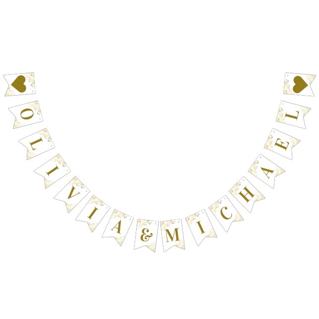 Gold Frills on White Wedding Couple Names Elegant Bunting (All)