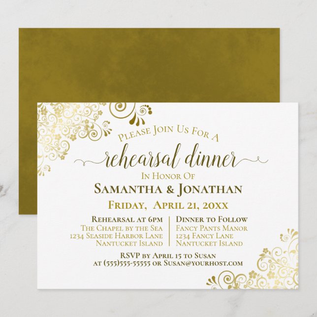 Gold Frills on White Wedding Rehearsal & Dinner Invitation (Front/Back)