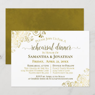 Gold Frills on White Wedding Rehearsal & Dinner Invitation